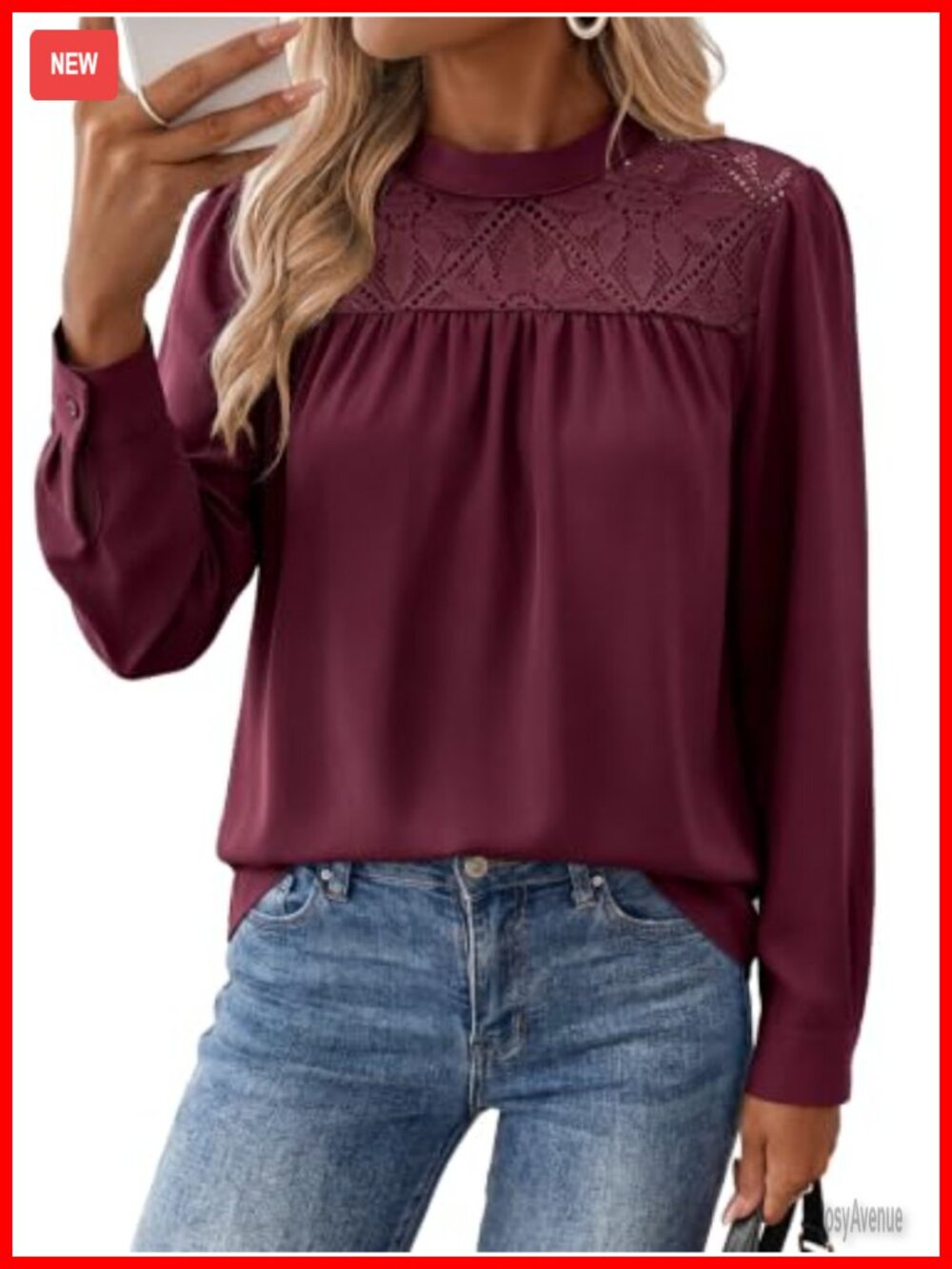 Womens Long Sleeve Lace Mock Neck Chiffon Blouse Dressy Casual Top